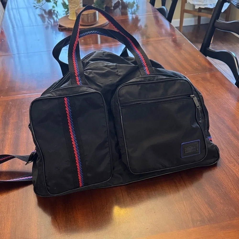 Carlton VTG Stylish Black Classic Nylon Duffel Bag with Red and Blue Accents
